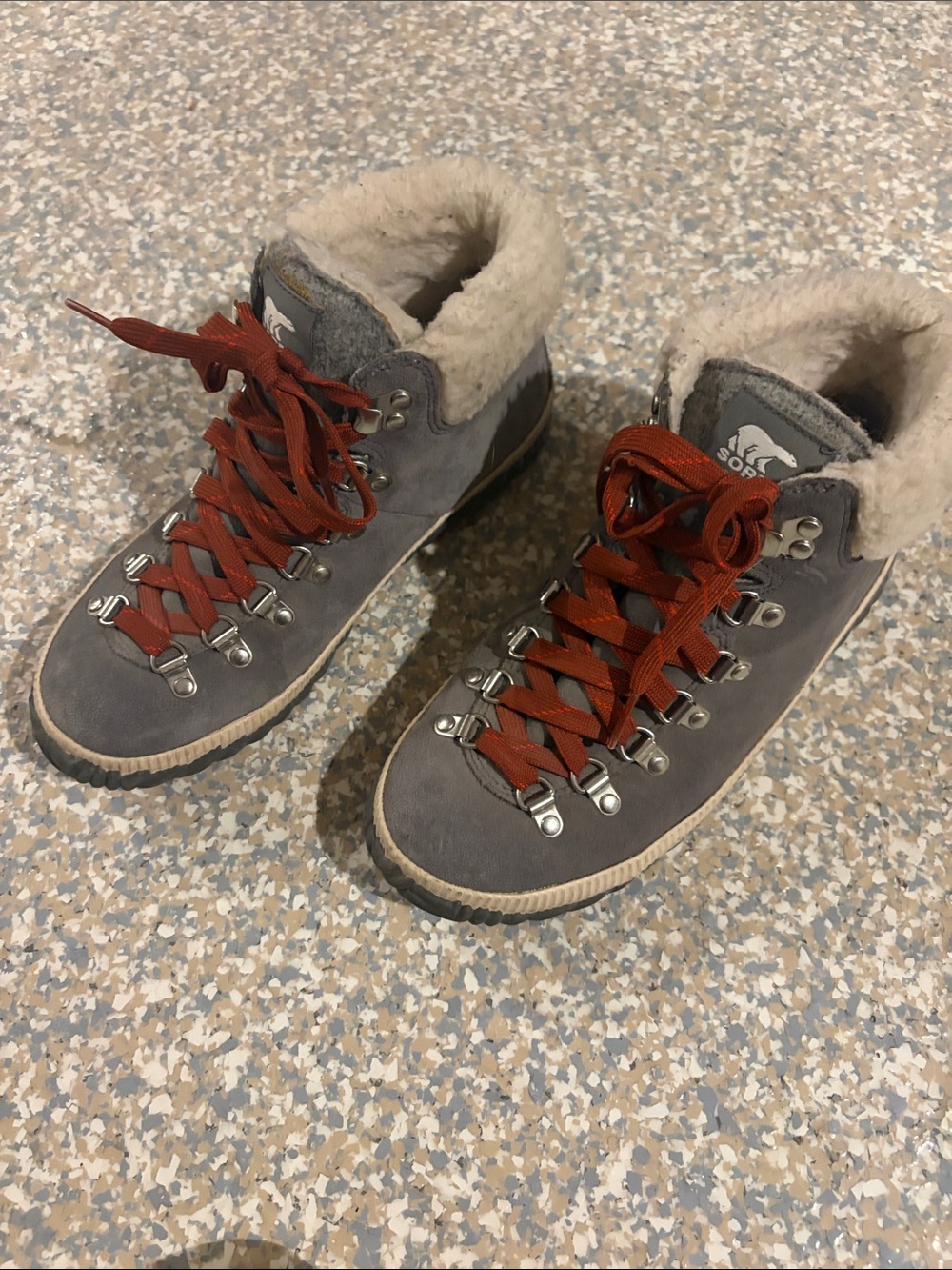 Sorel Women's Gray suede Winter Lace-Up Boot with Rust Laces